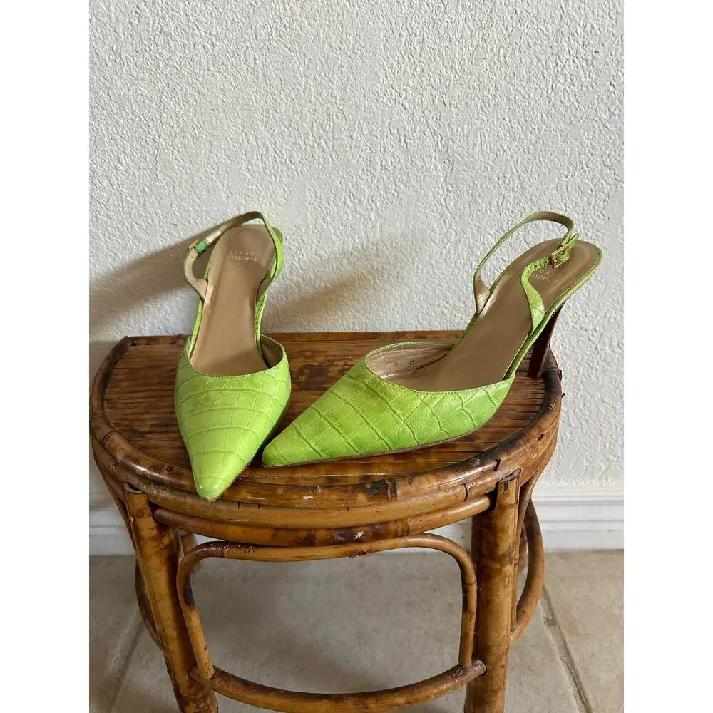 Stuart Weitzman Lime Green Croc Leather Pointed Toe Slingback Heels 8M